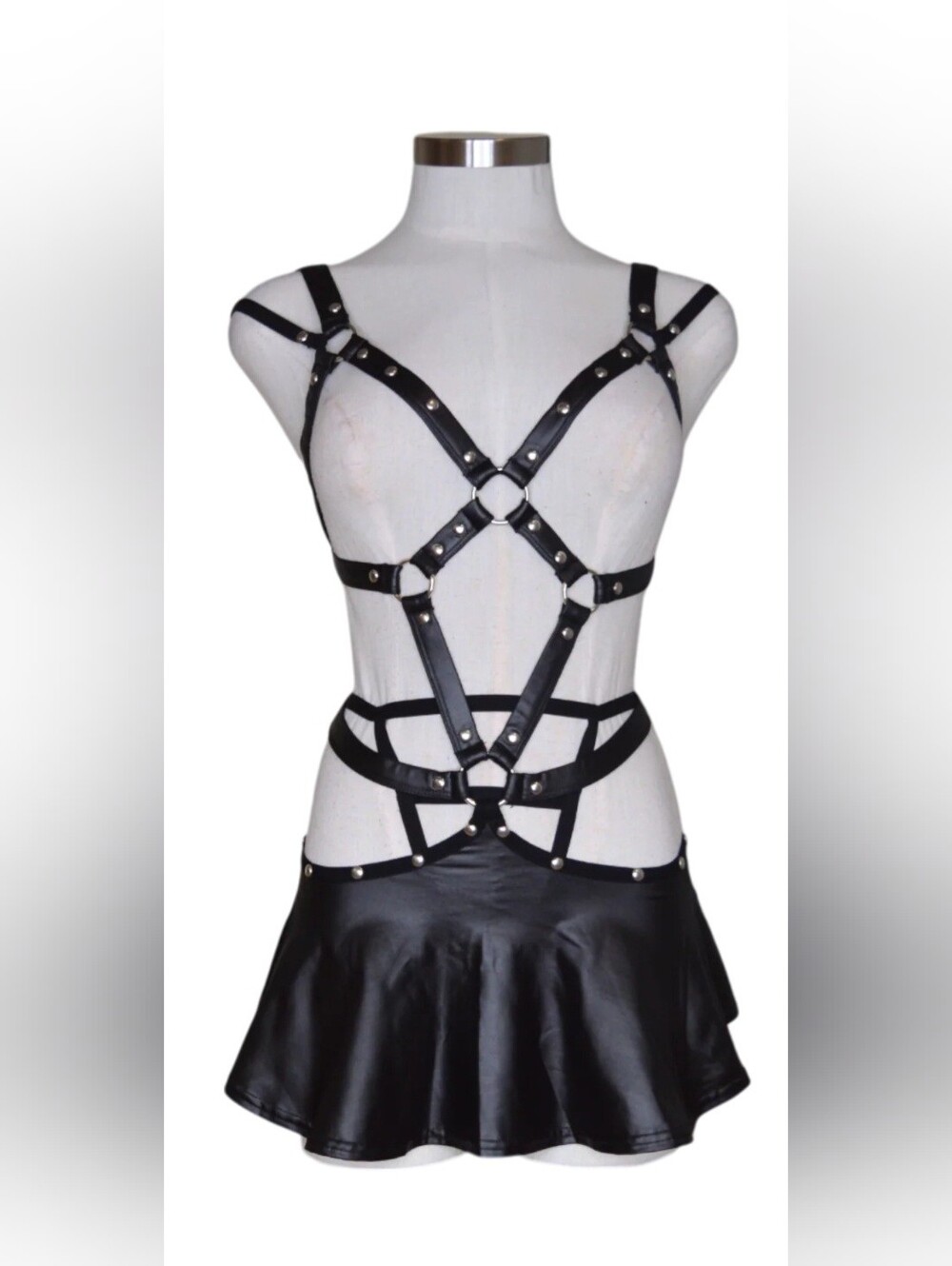 Black Faux Leather Strappy Harness Skirt Set
